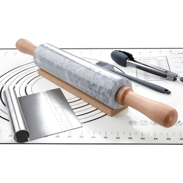 Natural Marble Gray White Finish Rolling Pin Set with Silicone Pastry Mat, Brush, Tongs, Scraper for Baking