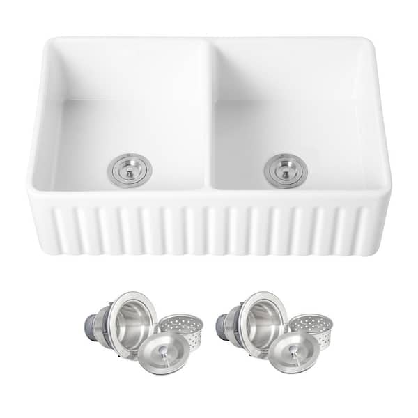 White Fireclay 33 in. Double Bowl Apron-Front Kitchen Sink with Basket Strainer and Sink Grid