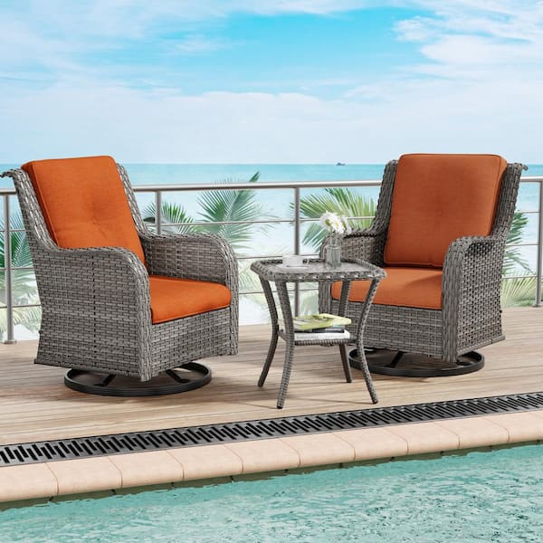 Gardenbee 3-Piece Wicker Patio Swivel Outdoor Rocking Chair Set with Orange Cushions and Side Table