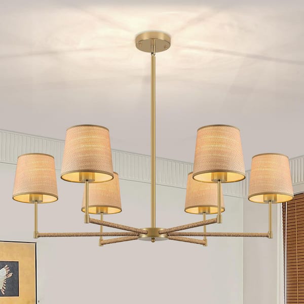 6-Light Gold Bohemian Farmhouse Chandelier with Rattan Light Shades