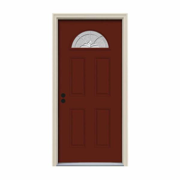 JELD-WEN 30 in. x 80 in. Fan Lite Langford Mesa Red Painted Steel Prehung Right-Hand Inswing Front Door w/Brickmould