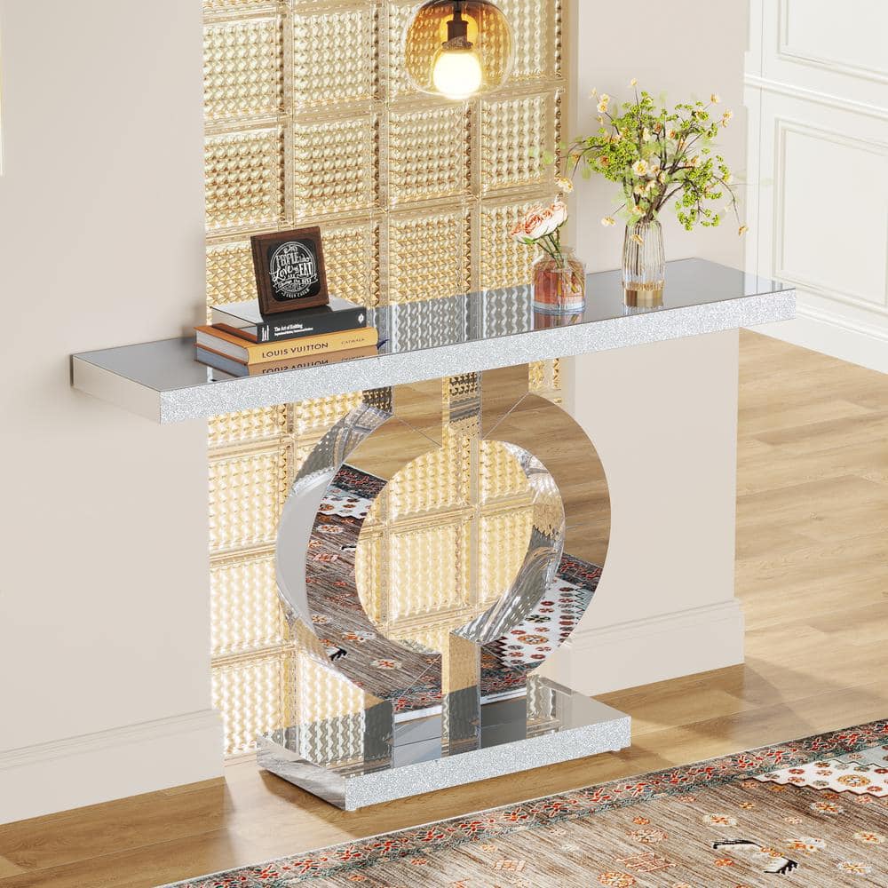 Silver Mirrored Glass Console Table with O-Shaped Base