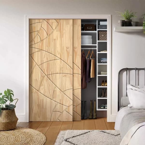 CALHOME 48 in. x 84 in. Hollow Core Natural Solid Wood Finished Interior Double Sliding Closet Doors, Natural Wood