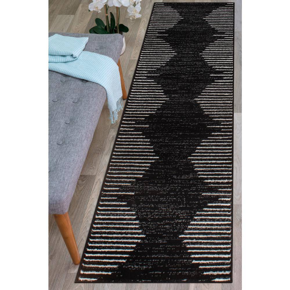Black and White Synthetic Stripe Runner Rug 2'7" x 8'