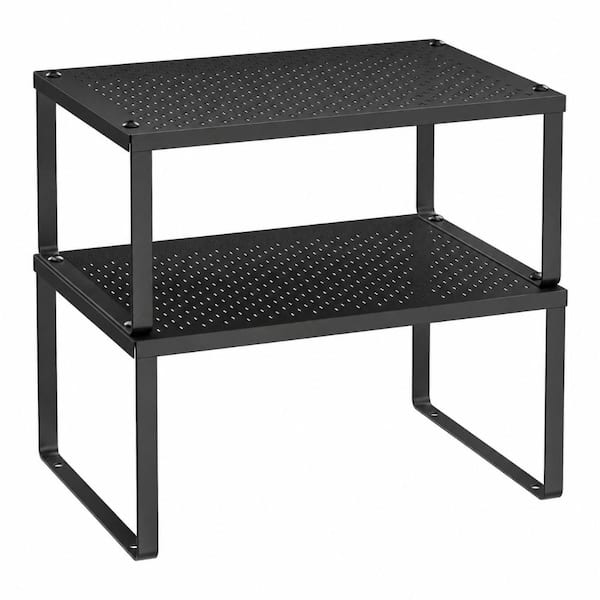 Set of 2 Metal Countertop Shelf Risers in Ink Black Stackable Cabinet Organizers Spice Rack Set