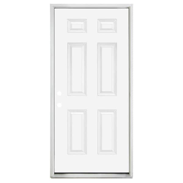 Builders Choice 32 in. x 80 in. 6 Panel Right-Hand/Inswing White Primed Steel Prehung Front Door with 6-9/16 in. Frame and Brickmould