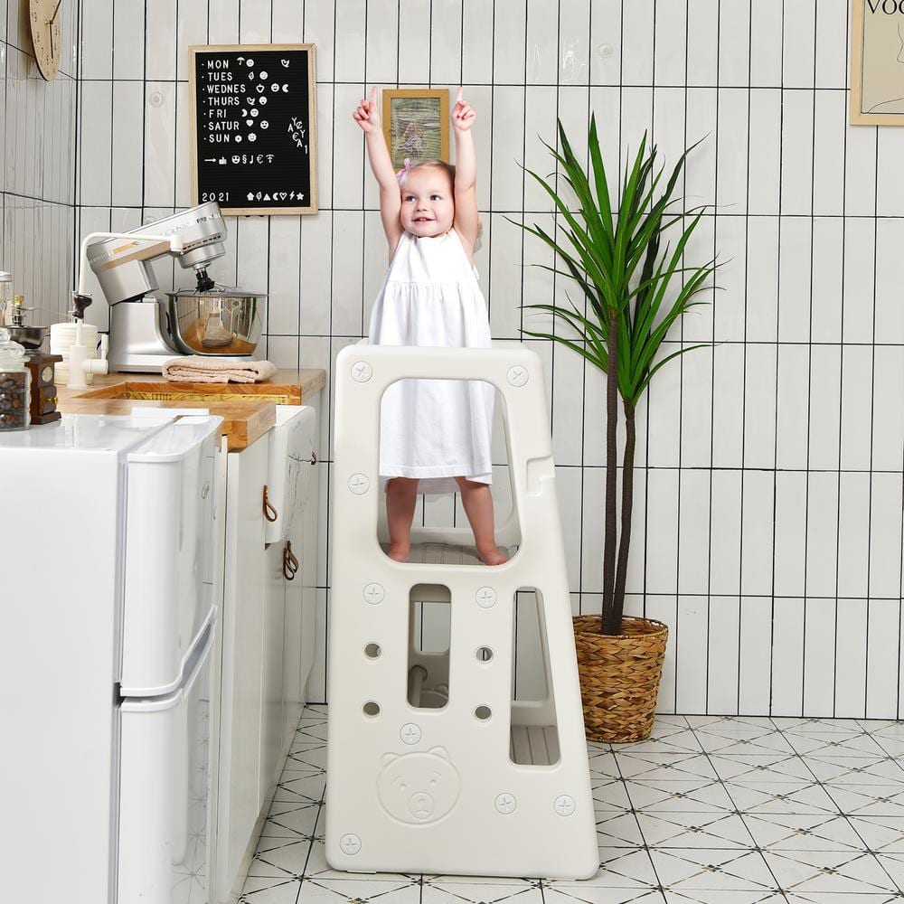 Adjustable Gray Toddler Kitchen Helper Step Stool with Safety Rails