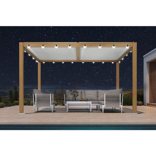 10.2 ft. x 12.3 ft. Wood Grain Aluminum Outdoor Louvered Pergola with Adjustable Roofs and Solar String Lights