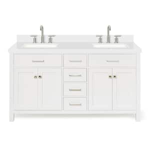 Bristol 61 in. W x 22 in. D x 36 in. H Double Freestanding Bath Vanity in White with Pure White Quartz Top
