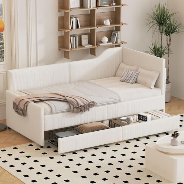 Harper & Bright Designs Beige Twin Size Corduroy Upholstered Daybed with 2-Drawers and L-Shaped Backrest