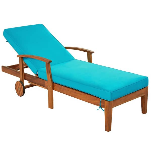 Unbranded Wood Adjustable Outdoor Chaise Lounge with Blue Cushions, Patio Recliner Chair with Sliding Cup Tray