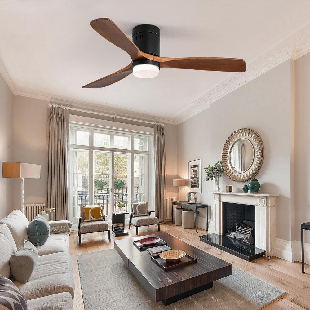 52" Walnut and Black Wood Blade Ceiling Fan with Remote and Light