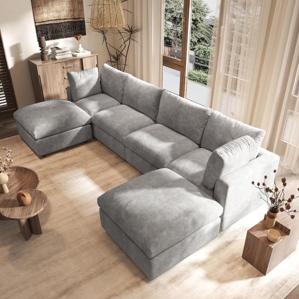 134 in. Wide Modern U-Shaped Chenille Sectional Sofa with Square Arms, Removable Slipcover and Ottoman, Gray