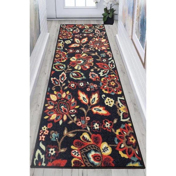 Berber Collection Floral Black 26 in. W x 96 in. L Stair Runner 17.35 sq. ft.