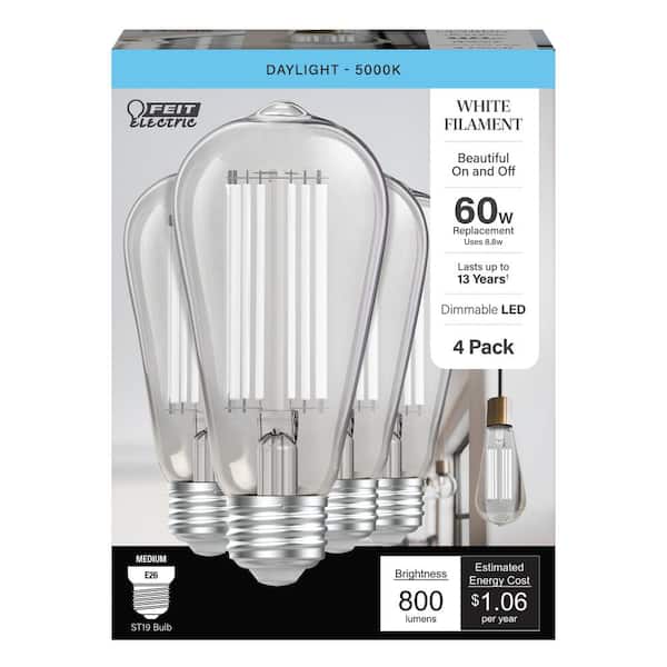 Feit Electric 60-Watt Equivalent ST19 Dimmable White Filament Clear Glass E26 Vintage Edison LED light Bulb, Daylight 5000K (4-Pack)