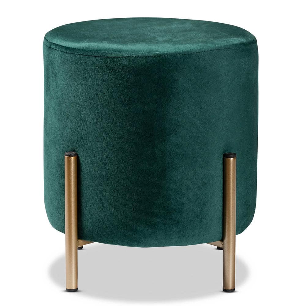 Thurman Luxe Green Velvet and Gold Metal Round Ottoman