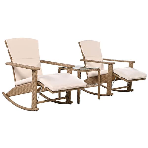 Zeus & Ruta 3-Piece Beige Adjustable Wicker Outdoor Rocking Chair with Beige Cushion Coffee Table, for Backyard, Garden and Poolside