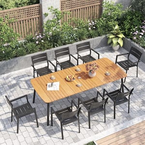 94.48 in. Rectangular Round Corner Aluminum Outdoor Patio Dining Table with Wood-Like Tabletop in Brown