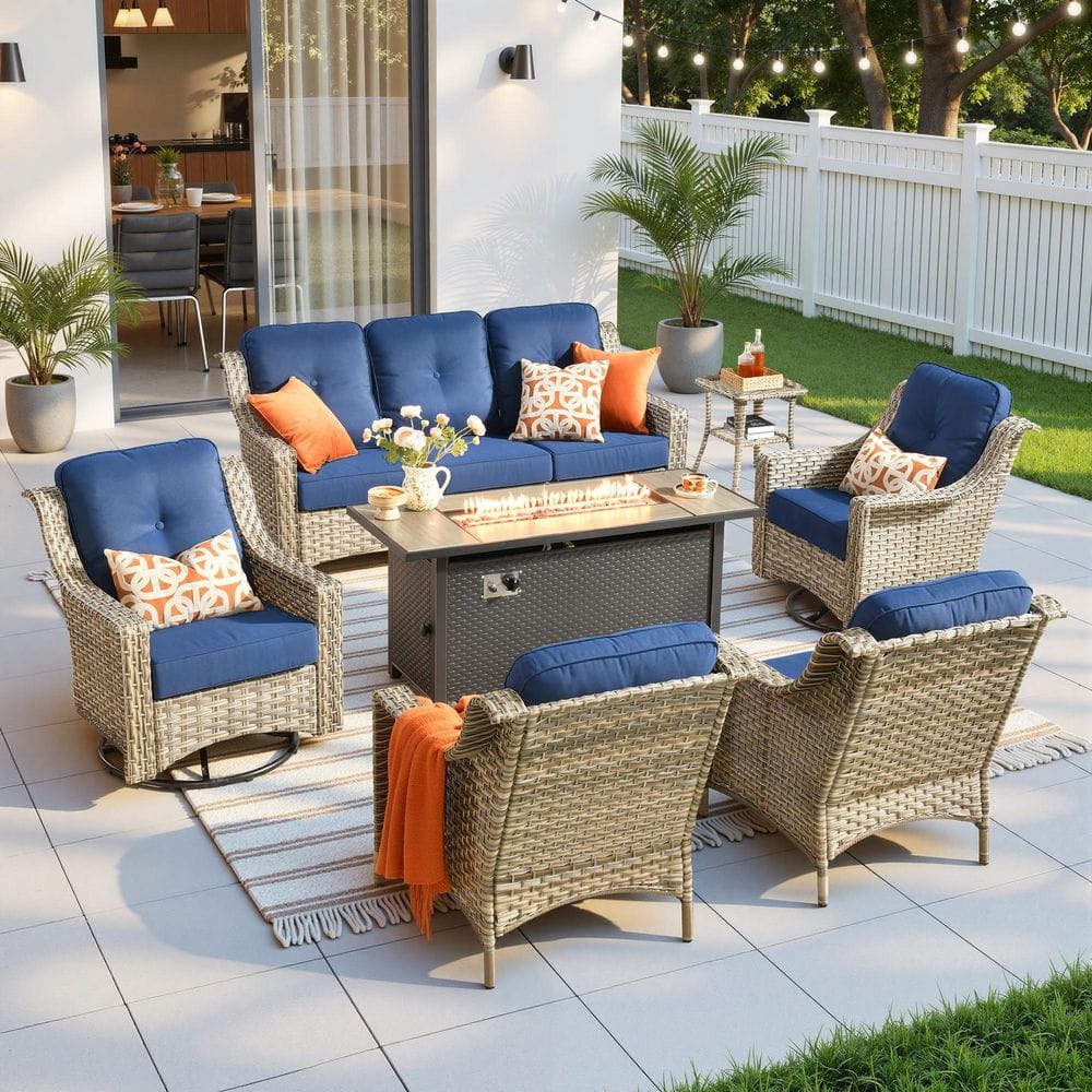 Ville 7-Piece Wicker Patio Fire Pit Outdoor Conversation Sofa Set with Swivel Chairs and Navy Blue Cushions price history on PriceWatchPro