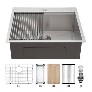 25 in. Drop-In Single Bowl 18-Gauge Brushed Nickel Stainless SteelWorkstation Kitchen Sink without Faucet