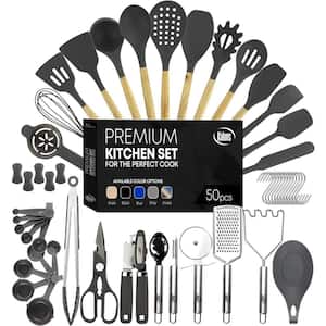 Gray, 50-Piece Set of Silicone Kitchen Utensils, Complete Kitchen Set, Premium Silicone Cooking Utensils