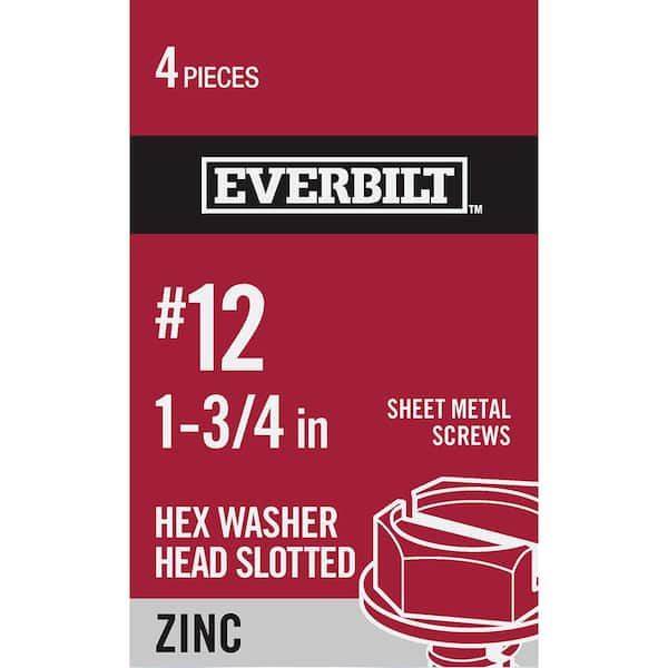 Everbilt #12 x 1-3/4 in. Zinc Plated Slotted Hex Head Sheet Metal Screw (4-Pack)