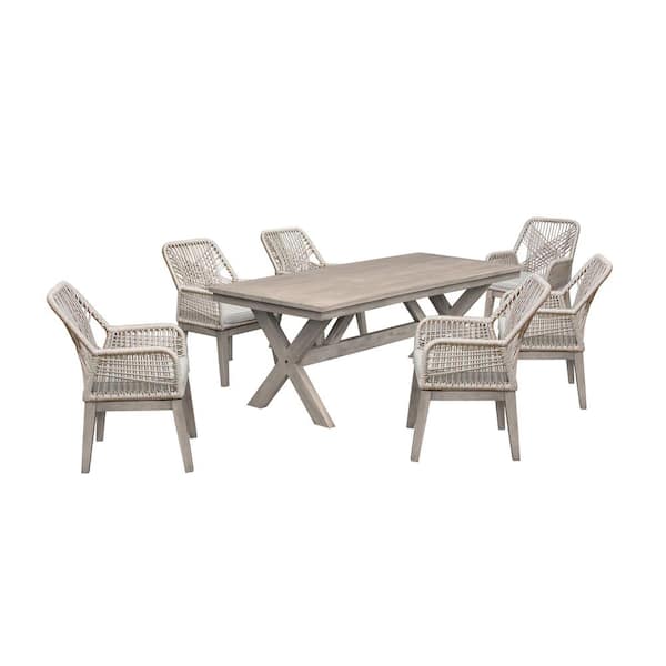 Armen Living Costa 7-Piece Acacia Wood Rectangular Outdoor Dining Set with Grey Cushions