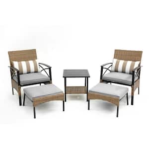 5-Piece Metal Frame PE Wicker Outdoor Bistro Set Patio Chaise Lounge Chair Set with Ottoman, Back Pillow, Gray Cushion