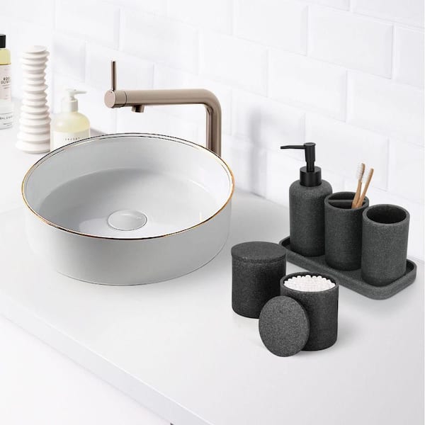 Resin Bathroom Accessories Set in Black,Bathroom Counter Accessories Set  with Soap Dispenser, Toothbrush Holder,2 Tumbler Cup, Soap Dish.Complete