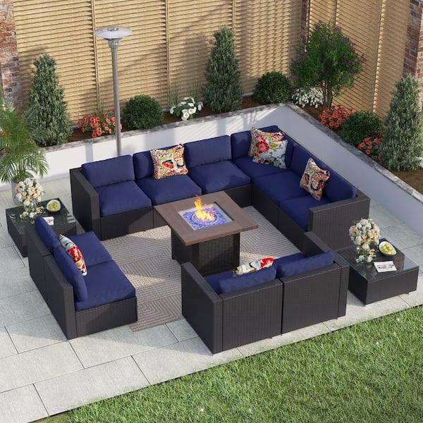 PHI VILLA Dark Brown Rattan Wicker 10 Seat 13-Piece Steel Outdoor Fire Pit Patio Set with Blue Cushions and Square Fire Pit Table