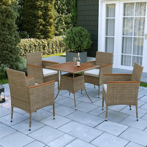OVE Decors Mason Brown 5-Piece Wicker Outdoor Dining Set with Beige Cushions