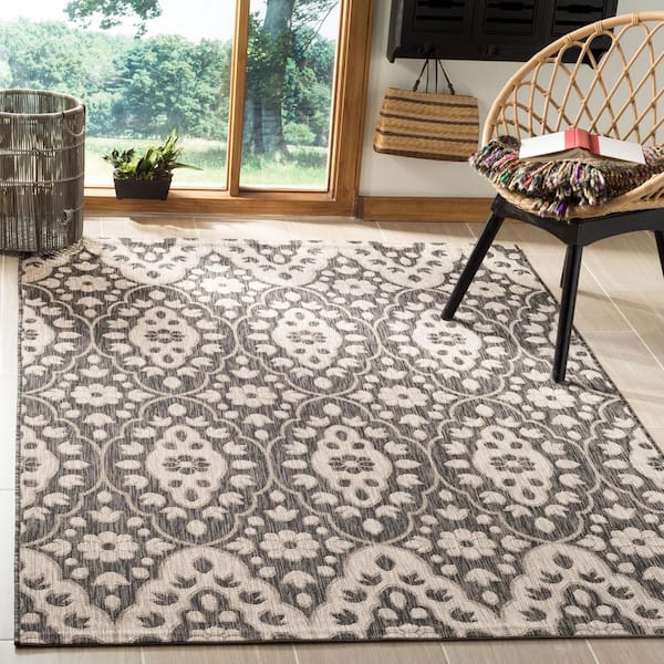 Martha Stewart Black/Beige 9 ft. x 12 ft. Floral Indoor/Outdoor Patio  Area Rug