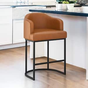 Crystal 26in.Yellow Brown Linen Fabric Upholstered Counter Stool Curved Back Kitchen Island Bar Stool with Metal Frame