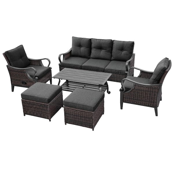 Zeus & Ruta 6-Piece Wicker Outdoor Sectional Sofa with Reclining Backrest, Ottomans, Black Cushions for Balcony, Patio, Garden