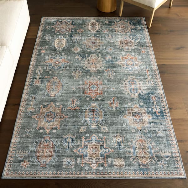 Philomena Medallion Spill Proof Machine Washable Area Rug Green  8 ft. x 10 ft. Area Rug