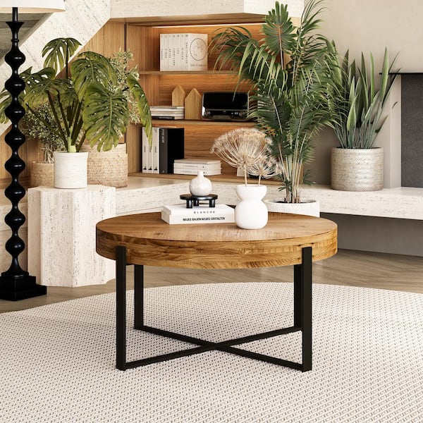 Modern Round Wood Rotating Tray Coffee Table with Storage & Metal Legs in  Natural