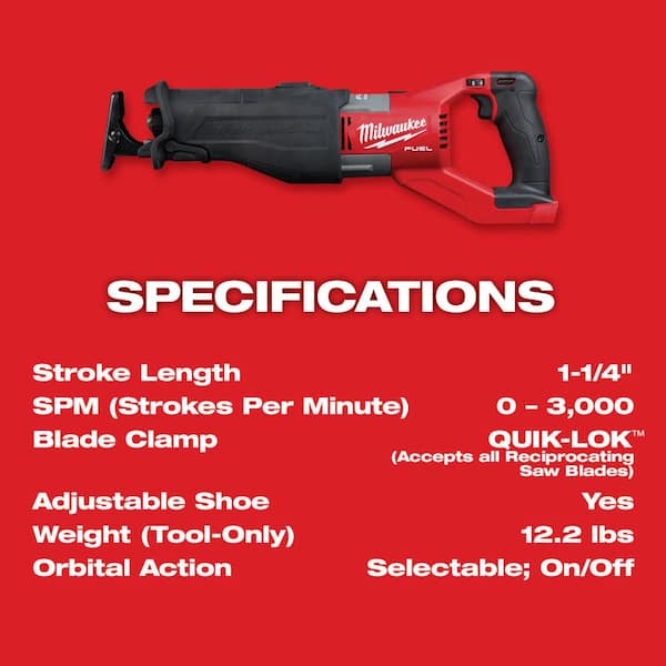 Milwaukee 15 Amp 1-1/4 in. Stroke Orbital Super Sawzall Reciprocating Saw w/ Hard Case & Carbide Sawzall Blade