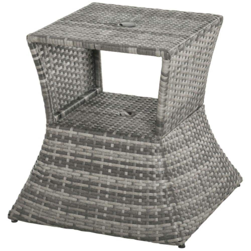 Misopily Mixed Grey Rattan Metal Outdoor Wicker Side Table with Umbrella Hole, 2 Tier Storage Shelf for All Weather