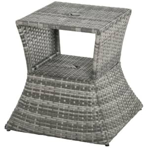 Mixed Grey Rattan Metal Outdoor Wicker Side Table with Umbrella Hole, 2 Tier Storage Shelf for All Weather