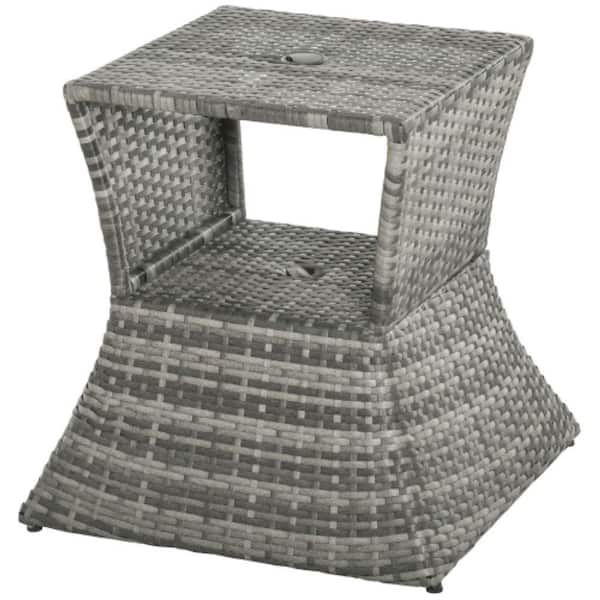 Misopily Mixed Grey Rattan Metal Outdoor Wicker Side Table with Umbrella Hole, 2 Tier Storage Shelf for All Weather