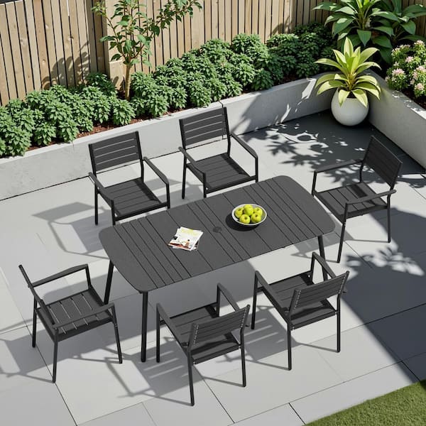70.9 in. Outdoor Dining Table with 1.8 in. Umbrella Hole Aluminum Patio Dining Table with Wood-Plastic Tabletop in Black