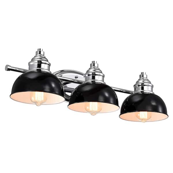 Unbranded 7 in. H x 26 in. W x 10 in. D 3-Light Chrome and Black Indoor Bath Vanity Light with Metal Shade