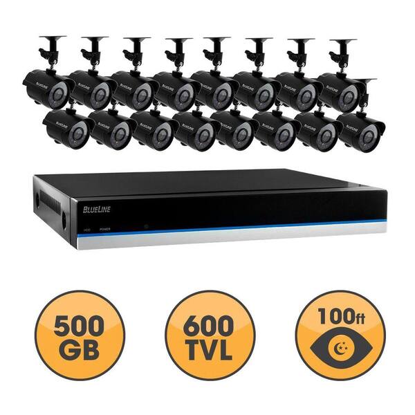 Defender BlueLine 16-Channel Surveillance System with 500GB Hard Drive and (16) 600TVL Cameras