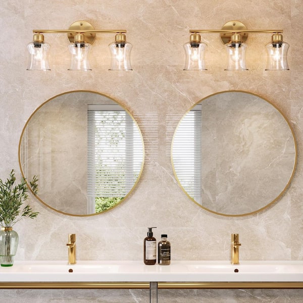 17.6 in. 3-Light Modern Brushed Gold Bathroom Vanity Light with Clear Glass Shade, No Bulbs Included