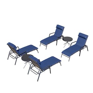 Black Frame 6-Piece Metal Outdoor Chaise Lounge Set with Blue Cushion and Coffee Table