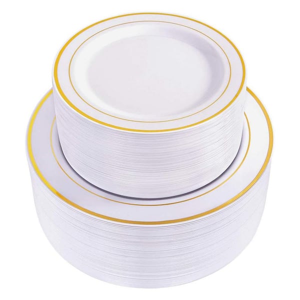 Adrinfly Gold and White Disposable Plastic Plates (120-Pieces) for Parties and Events