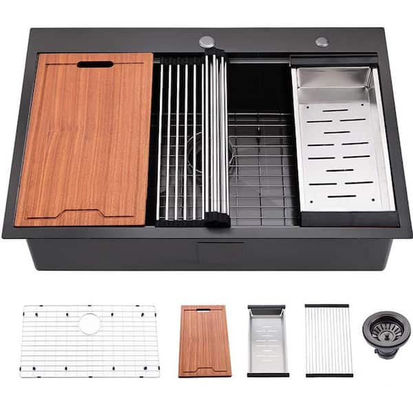 Boosicavelly 33 in. Drop-In Single Bowl 16-Gauge Matte Black Stainless Steel Kitchen Sink with Accessories