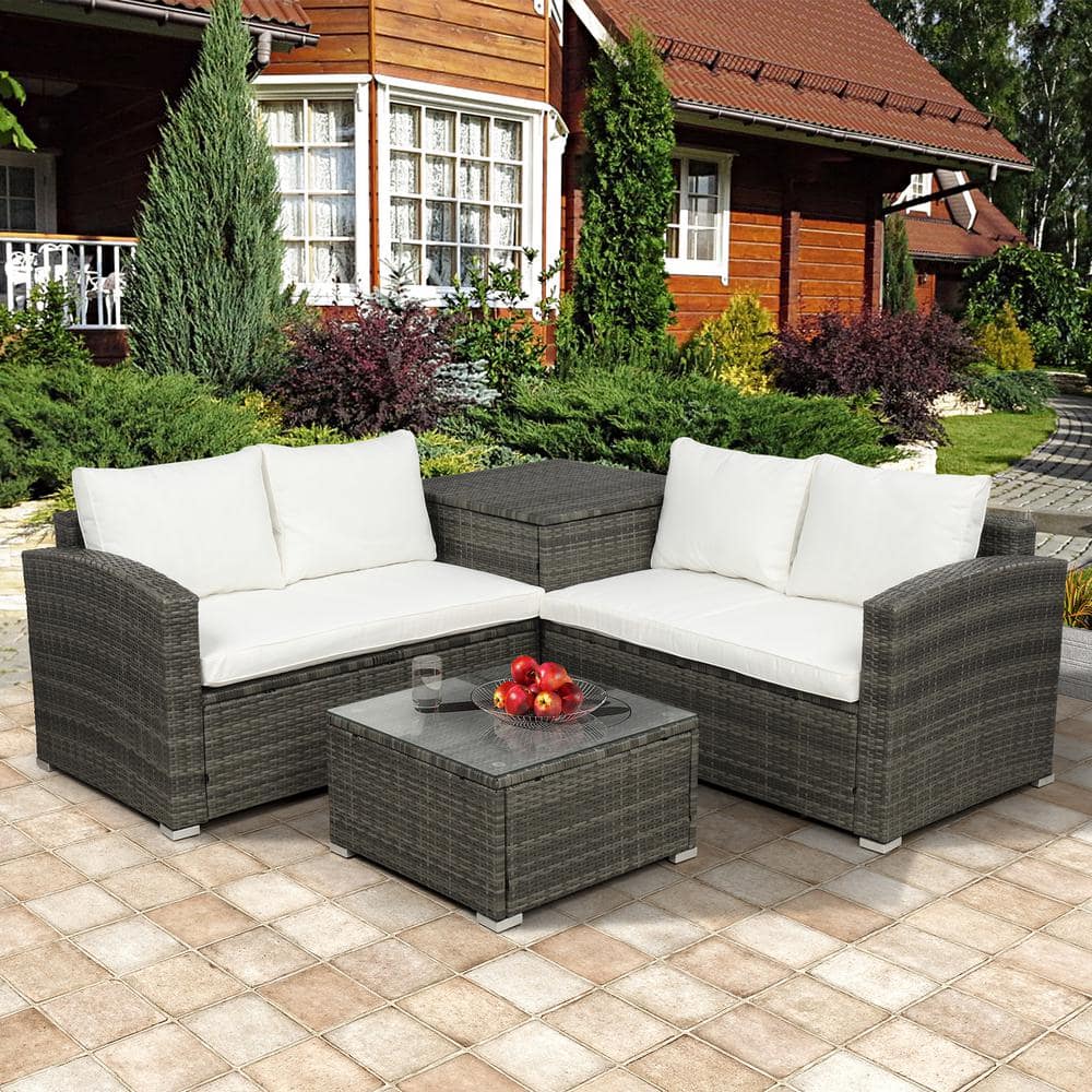 Afoxsos 4-Piece Brown PE Rattan Wicker Outdoor Sectional Furniture Sofa ...