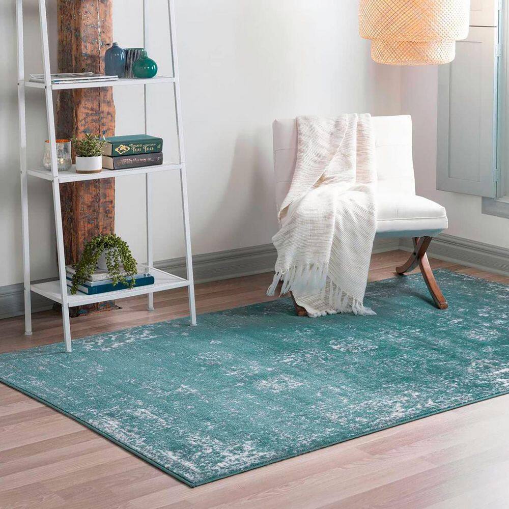 Turquoise Floral Motif Synthetic Indoor Area Rug