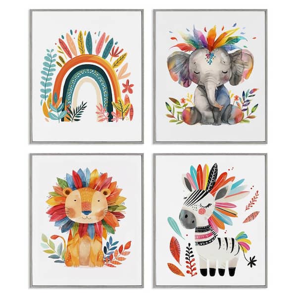 Stupell Industries Rainbow Feather Animals by LSR Design Studio 4 Pieces Gray Framed Animal Giclee Art Print 20 in. x 16 in.